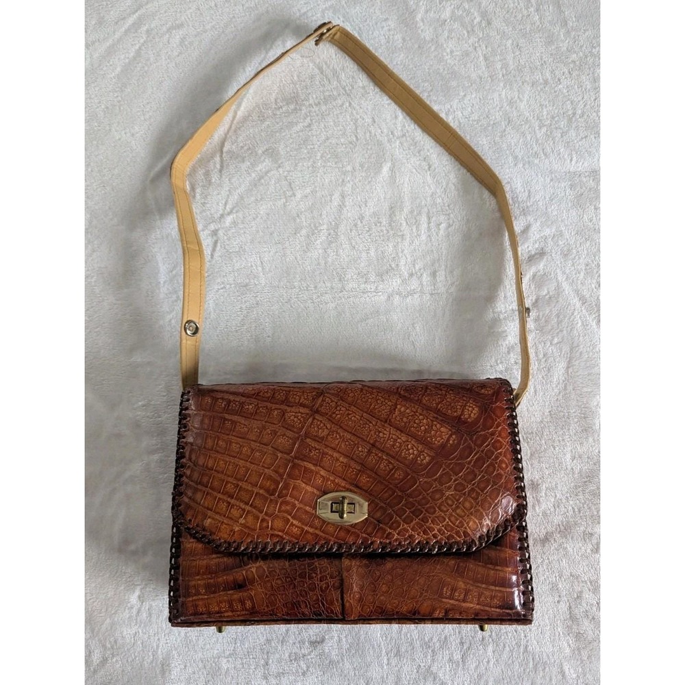 Vtg MCM Alligator Skin Shoulder Bag Brown Whipstitch Trim Structured Purse